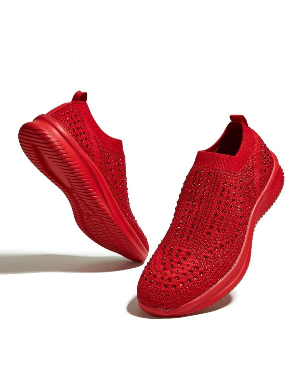 Women's Red Rhinestone Comfortable Sparkly Mesh Sock Fashion Walking Sneakers